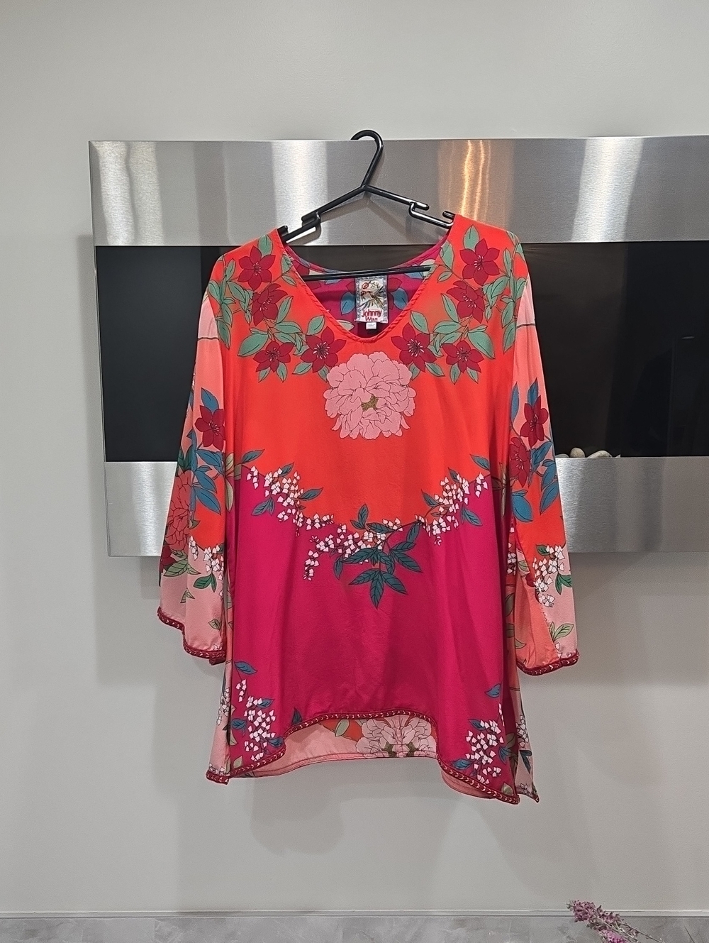 Johnny Was Silk Floral V-Neck Tunic Top - Coral & Magenta